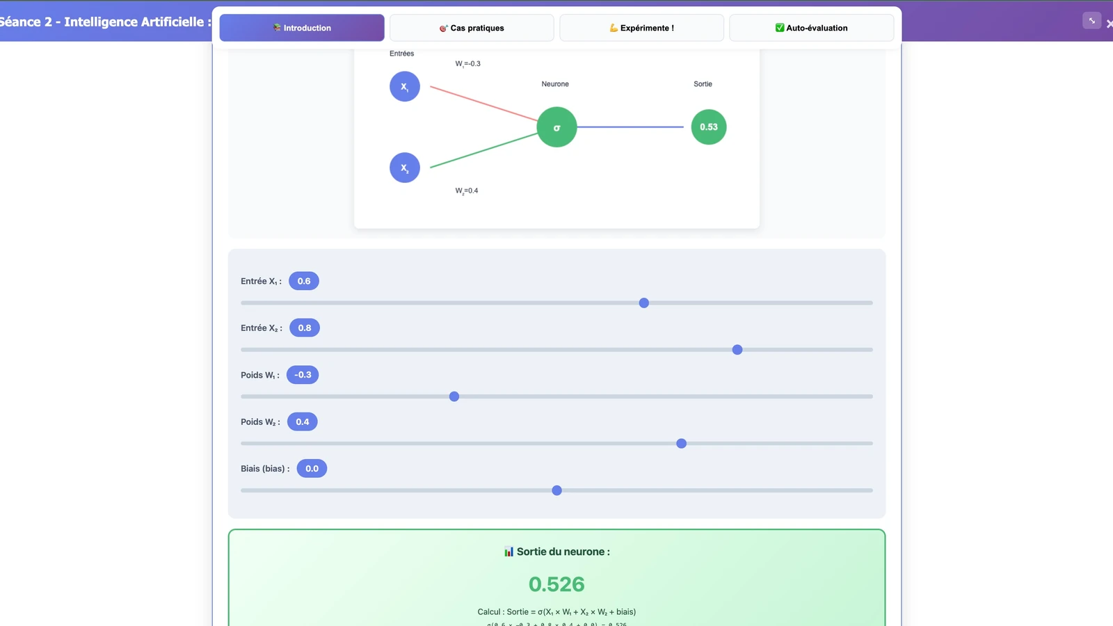 Simulateur de neurone artificiel interactif avec visualisation des poids et connexions